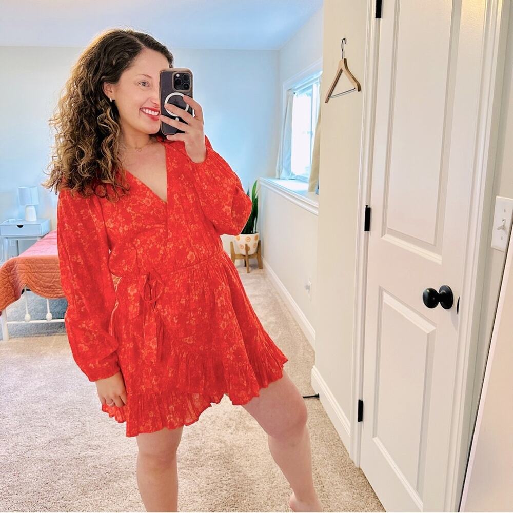 Lovers and Friends Orange Pink Floral Cotton Wrap Mini Dress Small
